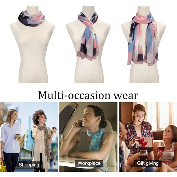 Women's Blue+pink Fashion Lightweight Head Scarf Floral Print Chiffon Scarves - Picture 4 of 6